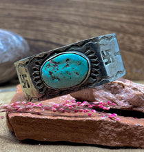 Load image into Gallery viewer, Early Navajo Cuff with whirling logs and light turquoise nugget
