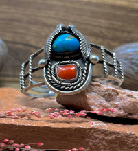 Load image into Gallery viewer, Navajo Cuff w/ Turquoise and Coral Stones

