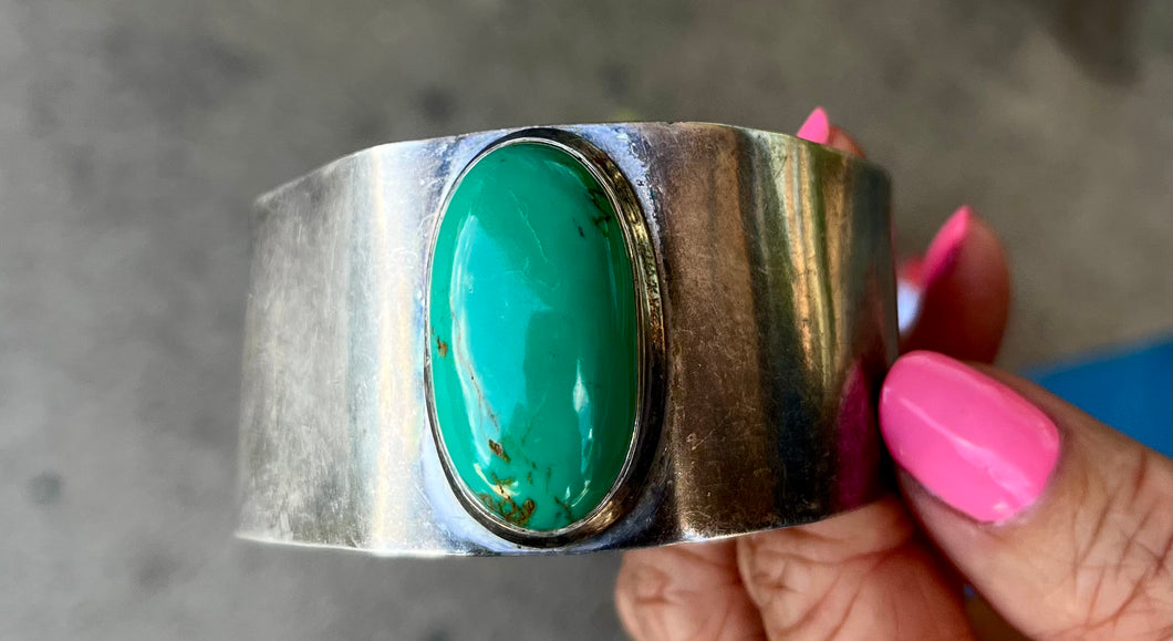 Large Silver Navajo Cuff with large turquoise stone, great patina