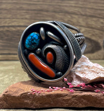 Load image into Gallery viewer, Rare Navajo Shadow Box Cuff with Turquoise, Cora Raindrops and Feathers
