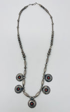 Load image into Gallery viewer, Navajo Pearl Necklace with 5 Coral Snake Eyes Shadow Box Pendants
