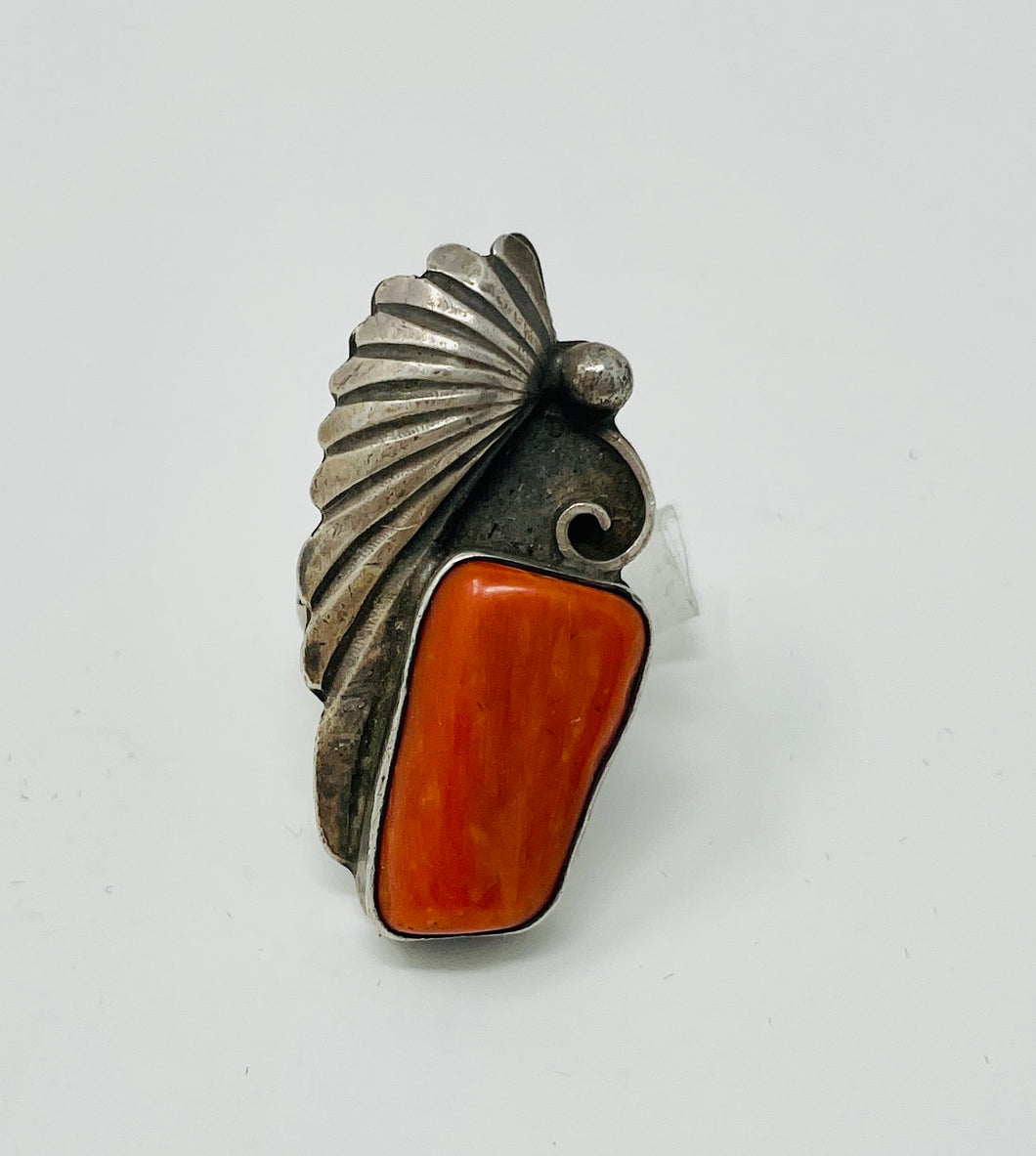 Navajo Ring with Coral and Stamped Embelishment