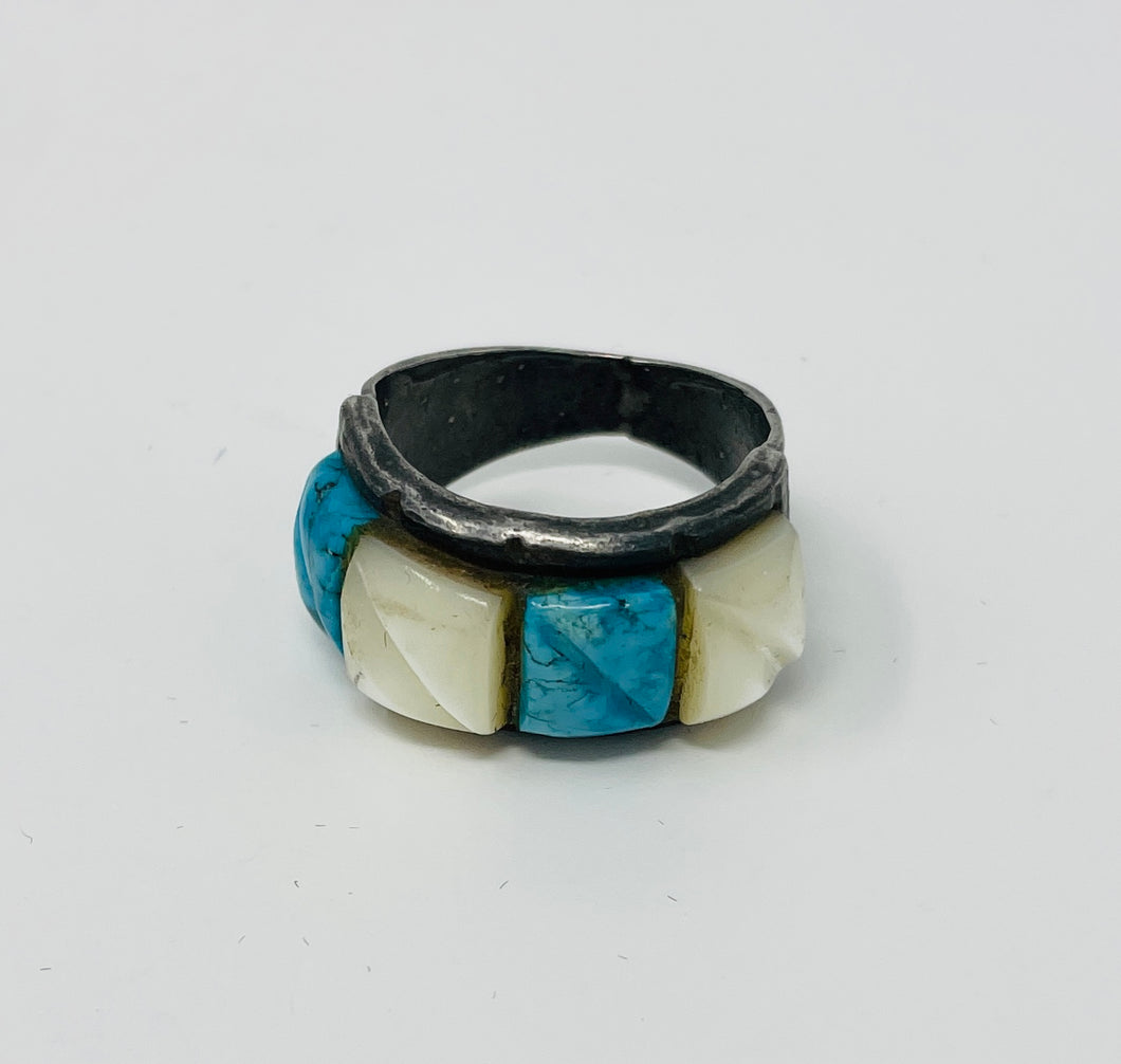Zuni Inlay Ring with Mother of Pearl and Turquoise