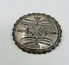 Load image into Gallery viewer, Fred Harvey Era Scalloped Pin w Intricate Stamp Word
