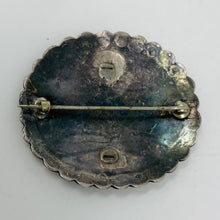 Load image into Gallery viewer, Fred Harvey Era Scalloped Pin w Intricate Stamp Word
