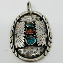 Load image into Gallery viewer, Navajo Pendant with 2 Turquoise and 1 Coral Cabochons
