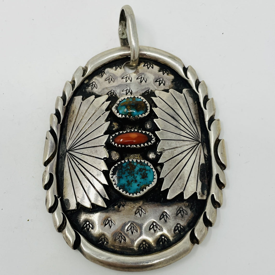 Navajo Pendant with 2 Turquoise and 1 Coral Cabochons