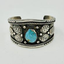 Load image into Gallery viewer, Navajo Cuff with Turquoise Cabochon and Stamped Leaf Embellishment
