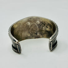Load image into Gallery viewer, Navajo Cuff with Turquoise Cabochon and Stamped Leaf Embellishment
