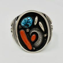 Load image into Gallery viewer, Rare Navajo Shadow Box Cuff with Turquoise, Cora Raindrops and Feathers
