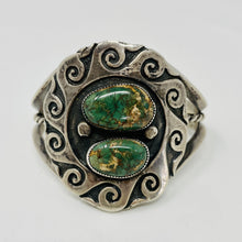 Load image into Gallery viewer, Heavy Hopi Sand Cast Cuff with 2 Manassa Turquoise Cabochons
