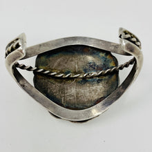Load image into Gallery viewer, Heavy Hopi Sand Cast Cuff with 2 Manassa Turquoise Cabochons
