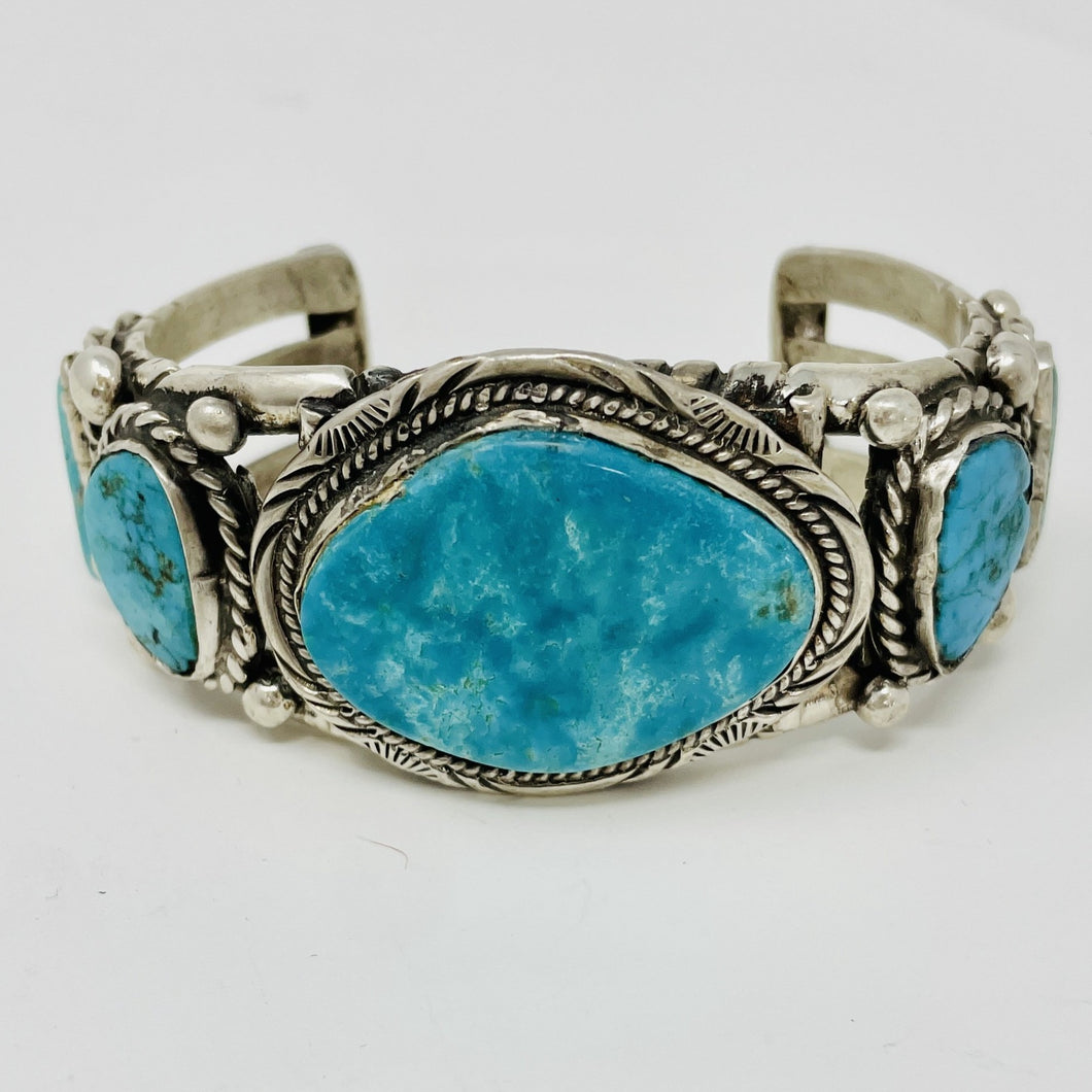 Exquisite Navajo Cuff with 5 Turquoise Cobachans