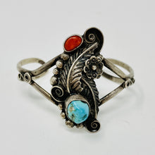 Load image into Gallery viewer, Navajo Cuff with Turquoise Nugget, Coral and Feathers
