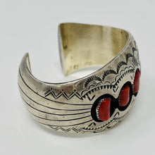 Load image into Gallery viewer, Navajo Domed Shadow Box Cuff with 5 Coral Cabochons and Hand Stamped Patterns
