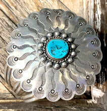 Load image into Gallery viewer, Navajo Flower W/ Center Turquoise Stone Cuff
