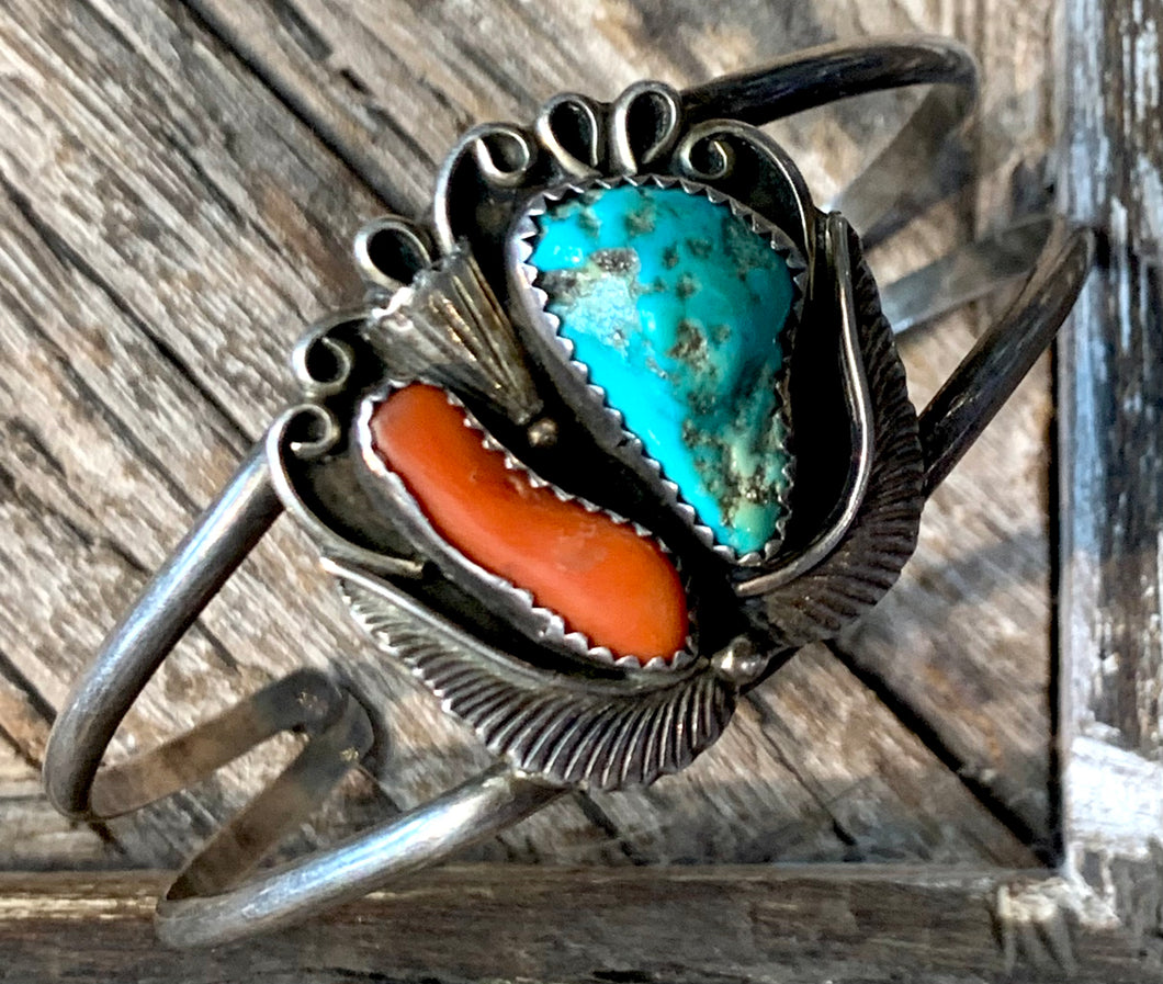 Navajo Cuff w/ Turquoise & Coral Stones