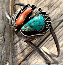 Load image into Gallery viewer, Navajo Cuff w/ Turquoise &amp; Coral Stones
