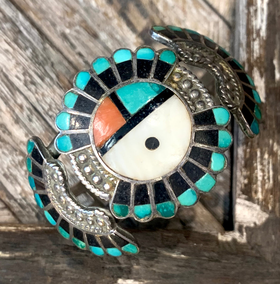 Zuni Sunface Cuff with Turquoise and Coral stones
