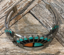 Load image into Gallery viewer, Zuni Sunface Cuff with Turquoise and Coral stones
