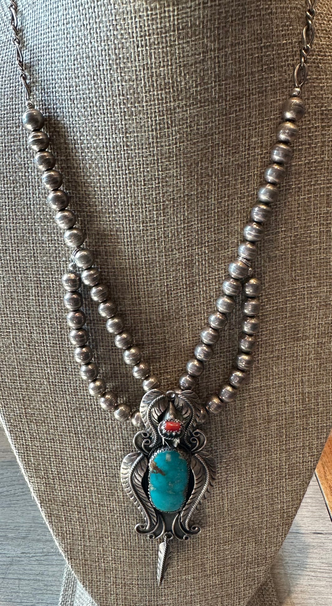 Turquoise and Coral Pendant Necklace with Double Strand of Silver Beads