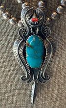 Load image into Gallery viewer, Turquoise and Coral Pendant Necklace with Double Strand of Silver Beads
