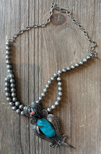 Load image into Gallery viewer, Turquoise and Coral Pendant Necklace with Double Strand of Silver Beads
