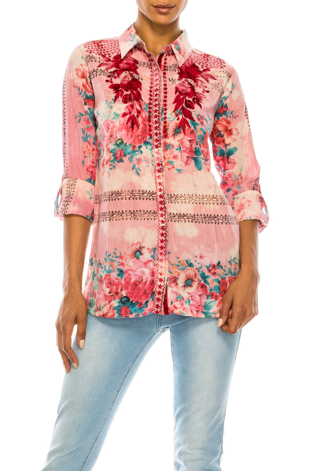 Floral Printed Shirt with Embroidery and Vintage Wash
