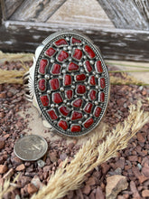 Load image into Gallery viewer, Coral Cabochons Cluster Sterling Silver Cuff with Raindrops size 8, Circa 1970s
