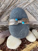 Load image into Gallery viewer, Sterling Silver Feather Cuff with 2 Sky Blue Turquoise Cabochons, size 6 3/4

