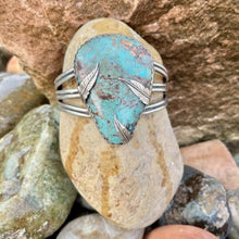 Load image into Gallery viewer, Large Vintage Royston Turquoise Sterling Silver Cuff with Applique of Feathers, size 8 1/4
