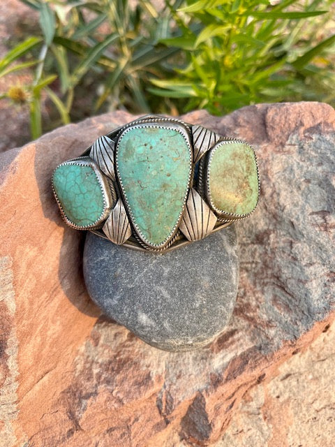 Large Navajo 3 Stone Turquoise Cuff, size 7