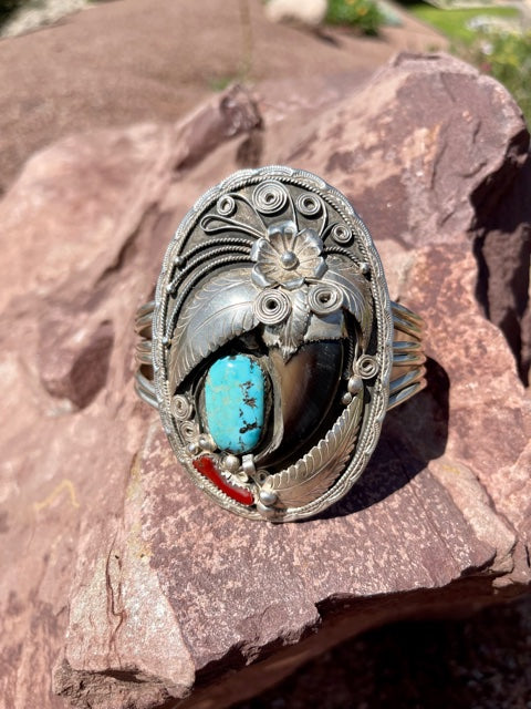 Navajo Turquoise and Coral Sterling Silver Cuff with a Bear Claw, 1970s
