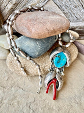 Load image into Gallery viewer, Large Turquoise and Coral Pendant Necklace with Bench Beads, Navajo Pearls, Flower and Leaf Accents
