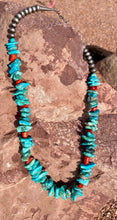 Load image into Gallery viewer, Turquoise and Coral Nugget Necklace with Navajo Pearls, 24&quot; long
