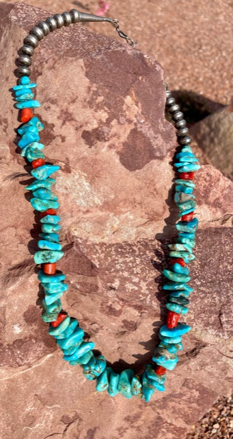Turquoise and Coral Nugget Necklace with Navajo Pearls, 24
