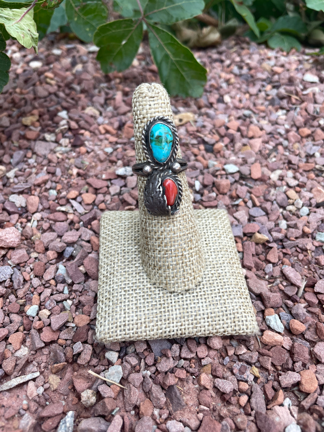 Silver Ring with Turquoise and Coral, Leaf Applique on Coral
